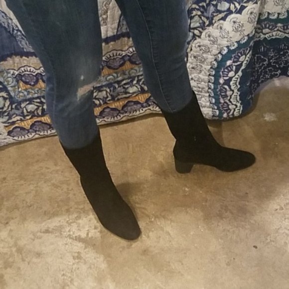 CLOSET CLOSING! Black LEATHER SUEDE HEELED MIDCALF KNEE BOOTS size 10 booties - Picture 3 of 7